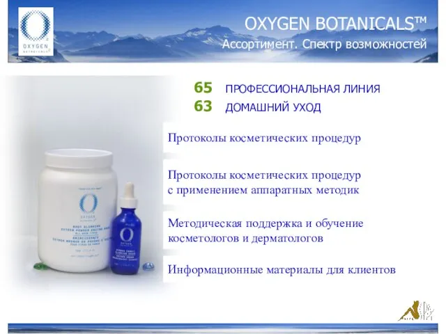 OXYGEN BOTANICALSтм Ассортимент. Спектр возможностей 65 ПРОФЕССИОНАЛЬНАЯ ЛИНИЯ 63 ДОМАШНИЙ УХОД Протоколы