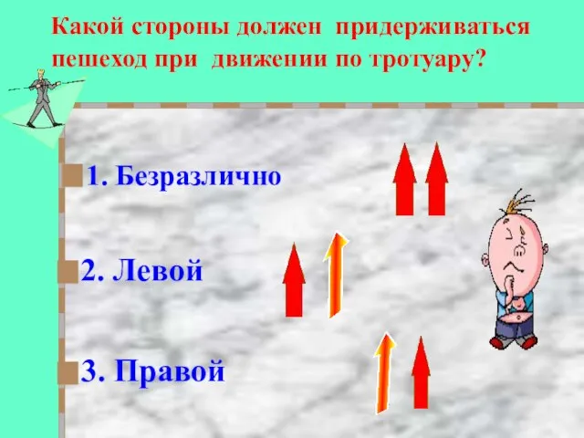 Какой стороны должен придерживаться пешеход при движении по тротуару? 2. Левой 3. Правой 1. Безразлично