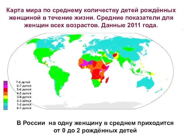 Карта мира по среднему количеству детей рождённых женщиной в течение жизни. Средние