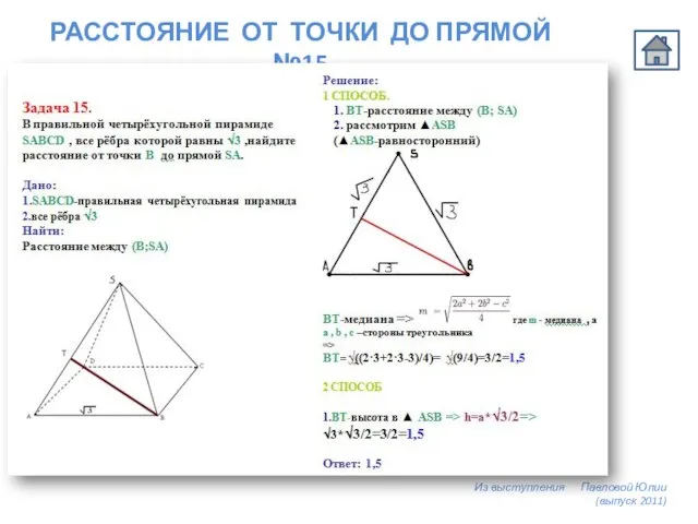 РАССТОЯНИЕ ОТ ТОЧКИ ДО ПРЯМОЙ №15 №15 Из выступления Павловой Юлии (выпуск 2011)