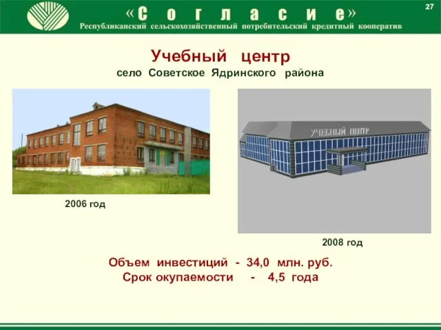 27 Учебный центр село Советское Ядринского района 2006 год 2008 год Объем