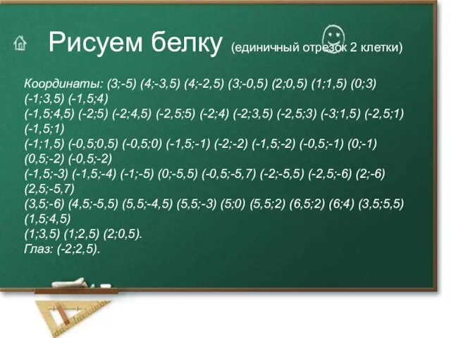 Рисуем белку (единичный отрезок 2 клетки) Координаты: (3;-5) (4;-3,5) (4;-2,5) (3;-0,5) (2;0,5)