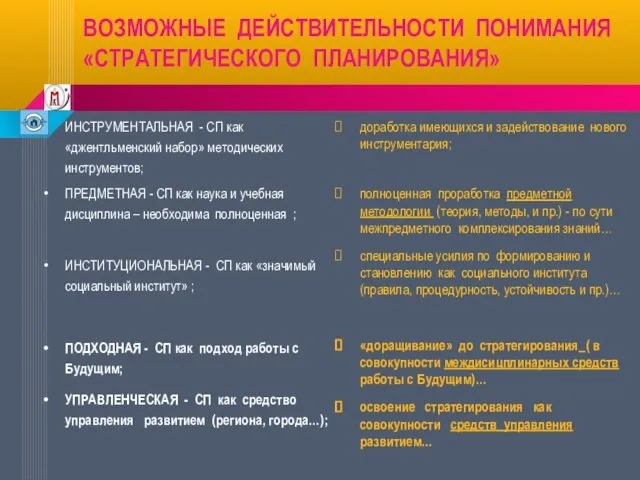 ВОЗМОЖНЫЕ ДЕЙСТВИТЕЛЬНОСТИ ПОНИМАНИЯ «СТРАТЕГИЧЕСКОГО ПЛАНИРОВАНИЯ» ИНСТРУМЕНТАЛЬНАЯ - СП как «джентльменский набор» методических