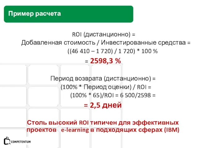 Пример расчета ROI (дистанционно) = Добавленная стоимость / Инвестированные средства = ((46