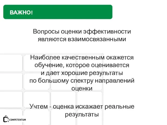 ВАЖНО! Вопросы оценки эффективности являются взаимосвязанными Наиболее качественным окажется обучение, которое оценивается