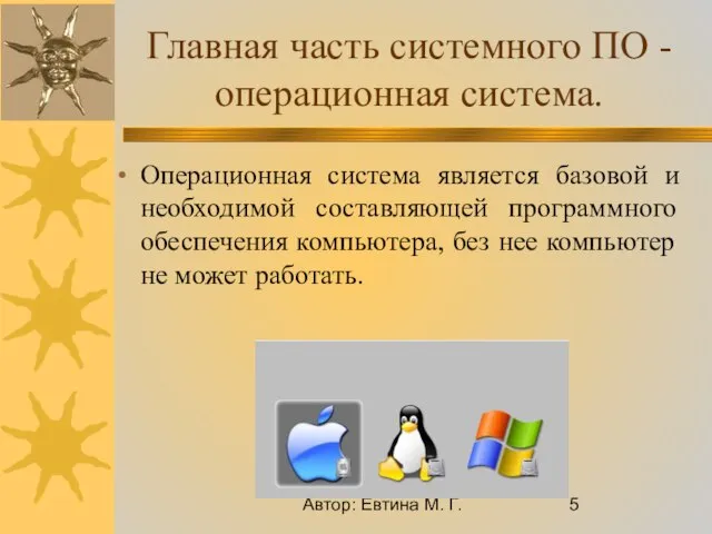 Автор: Евтина М. Г. Главная часть системного ПО - операционная система. Операционная