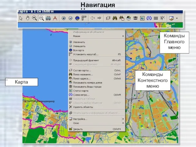 Навигация Навигация Команды Главного меню Команды Контекстного меню Карта