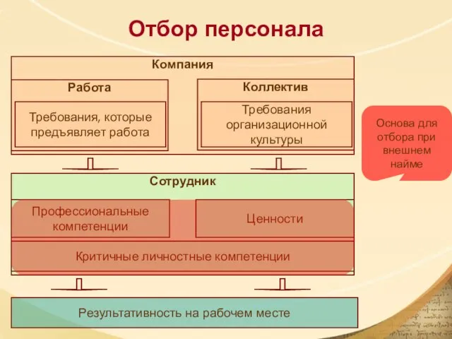 Компания Отбор персонала Работа Требования, которые предъявляет работа Сотрудник Профессиональные компетенции Ценности