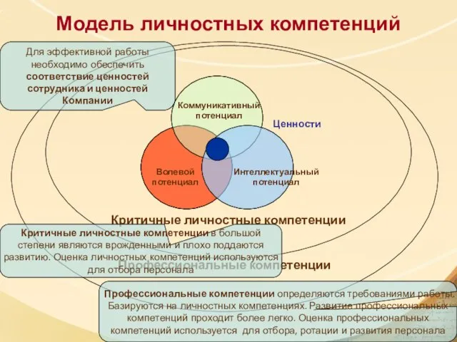 Волевой потенциал Коммуникативный потенциал Критичные личностные компетенции Модель личностных компетенций Профессиональные компетенции