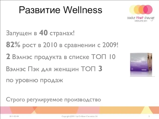 Развитие Wellness 2011-02-04 Copyright ©2011 by Oriflame Cosmetics SA Запущен в 40