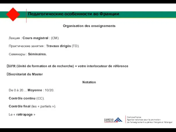 Педагогические особенности во Франции Organisation des enseignements Лекция : Cours magistral :