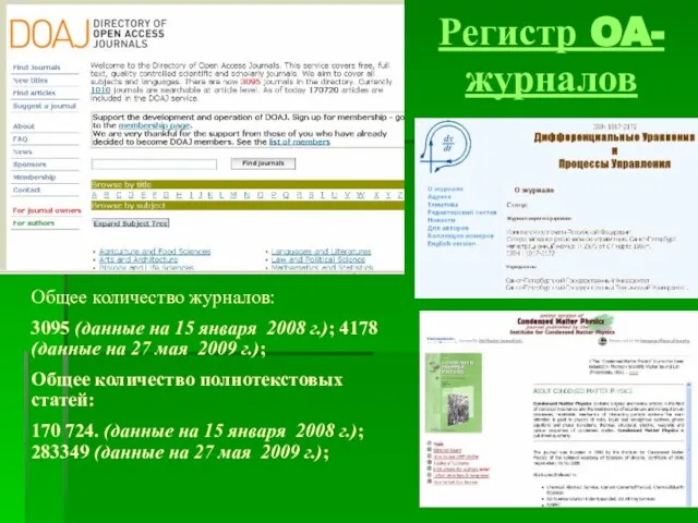 Регистр OA-журналов Общее количество журналов: 3095 (данные на 15 января 2008 г.);