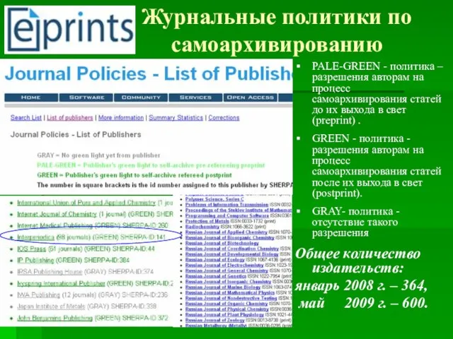 Журнальные политики по самоархивированию PALE-GREEN - политика – разрешения авторам на процесс