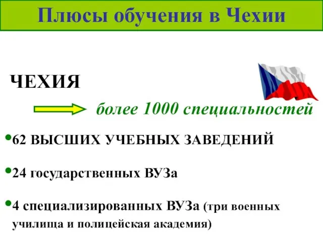 Плюсы обучения в Чехии ЧЕХИЯ 62 ВЫСШИХ УЧЕБНЫХ ЗАВЕДЕНИЙ 24 государственных ВУЗа
