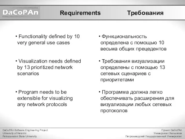 Requirements Functionality defined by 10 very general use cases Visualization needs defined