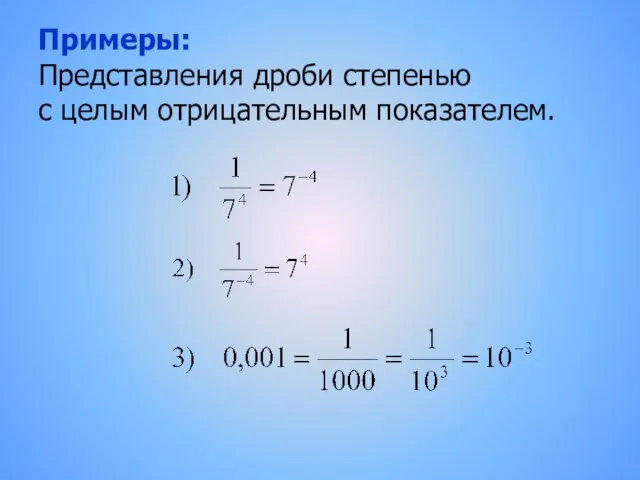 Примеры: Представления дроби степенью с целым отрицательным показателем.