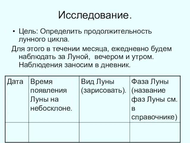 Исследование. Цель: Определить продолжительность лунного цикла. Для этого в течении месяца, ежедневно