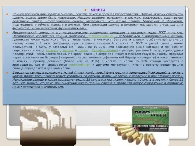 СВИНЕЦ Свинец токсичен для нервной системы, печени, почек и органов кроветворения. Однако,