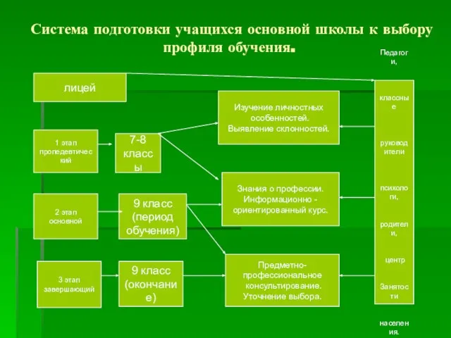 Система подготовки учащихся основной школы к выбору профиля обучения. лицей 1 этап