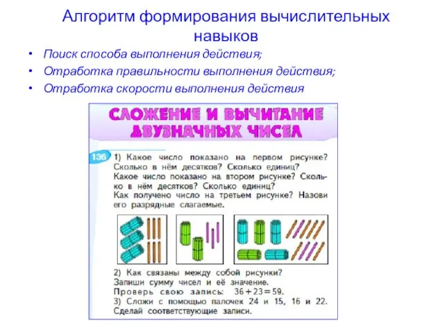 Алгоритм формирования вычислительных навыков Поиск способа выполнения действия; Отработка правильности выполнения действия; Отработка скорости выполнения действия