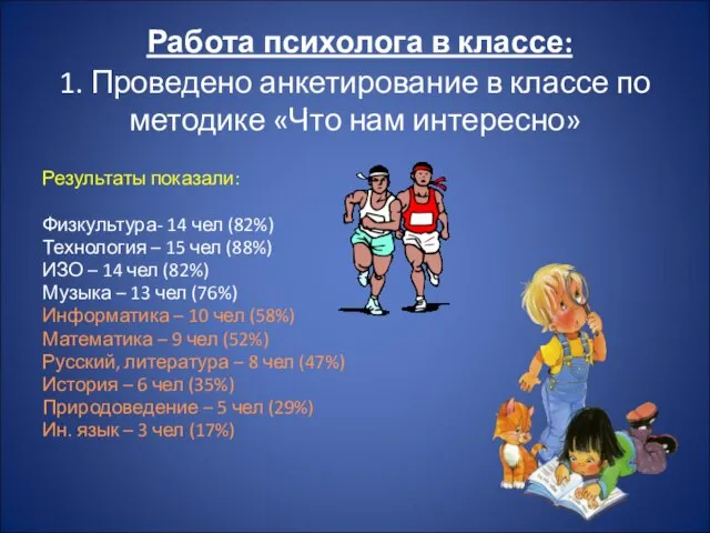 Работа психолога в классе: 1. Проведено анкетирование в классе по методике «Что