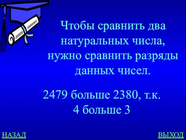 НАЗАД ВЫХОД Чтобы сравнить два натуральных числа, нужно сравнить разряды данных чисел.