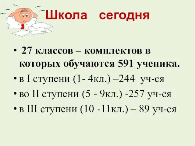 Школа сегодня 27 классов – комплектов в которых обучаются 591 ученика. в