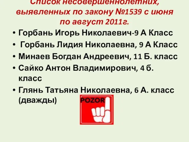 Список несовершеннолетних, выявленных по закону №1539 с июня по август 2011г. Горбань