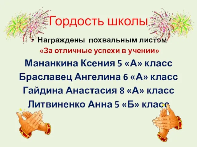 Гордость школы Награждены похвальным листом «За отличные успехи в учении» Мананкина Ксения