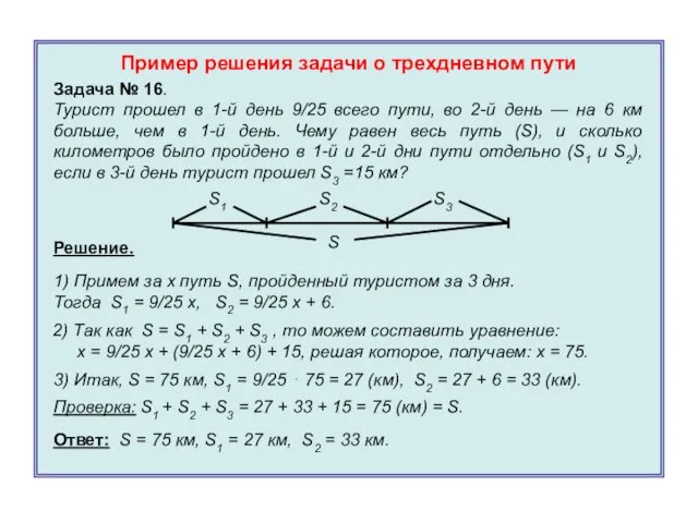 Пример решения задачи о трехдневном пути Задача № 16. Турист прошел в