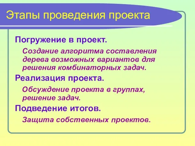 Этапы проведения проекта Погружение в проект. Создание алгоритма составления дерева возможных вариантов