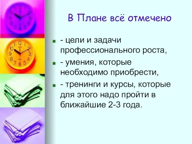 В Плане всё отмечено - цели и задачи профессионального роста, - умения,