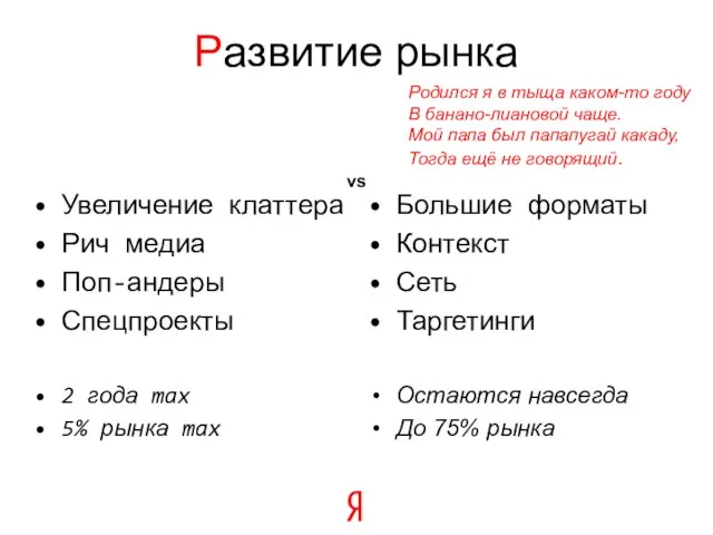 Развитие рынка Увеличение клаттера Рич медиа Поп-андеры Спецпроекты 2 года max 5%