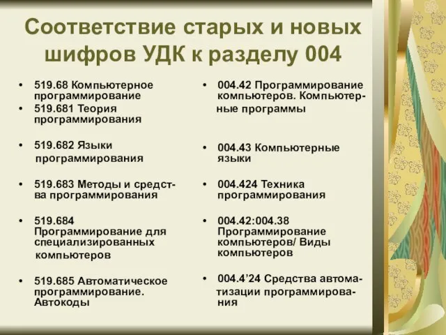 Соответствие старых и новых шифров УДК к разделу 004 519.68 Компьютерное программирование