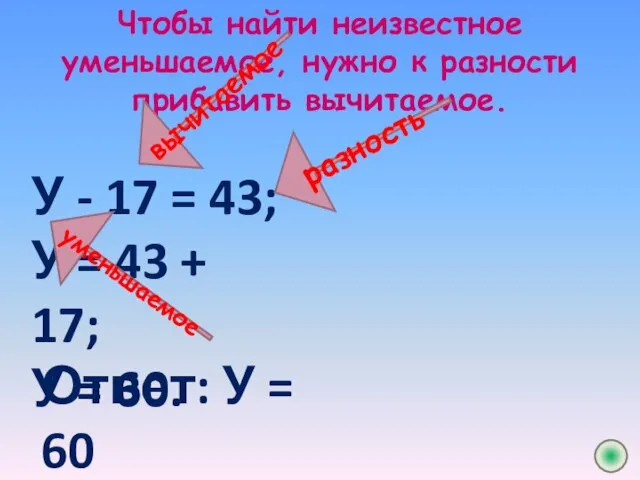 Чтобы найти неизвестное уменьшаемое, нужно к разности прибавить вычитаемое. У - 17