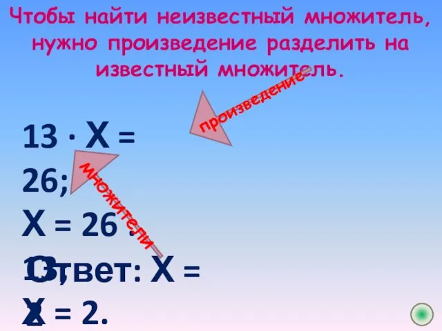Чтобы найти неизвестный множитель, нужно произведение разделить на известный множитель. 13 ·
