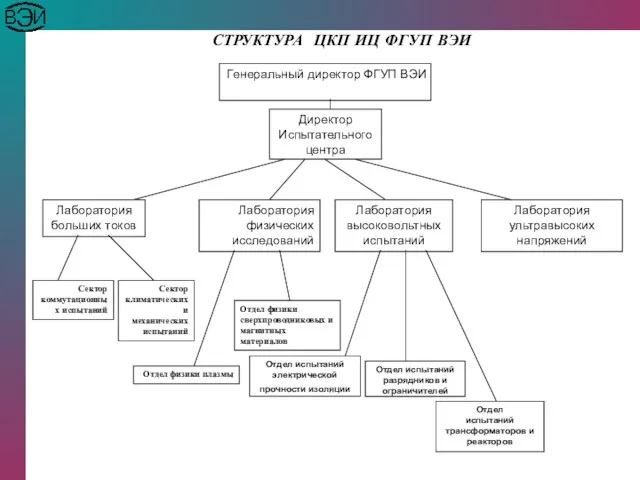 СТРУКТУРА ЦКП ИЦ ФГУП ВЭИ Директор Испытательного центра Лаборатория высоковольтных испытаний Отдел