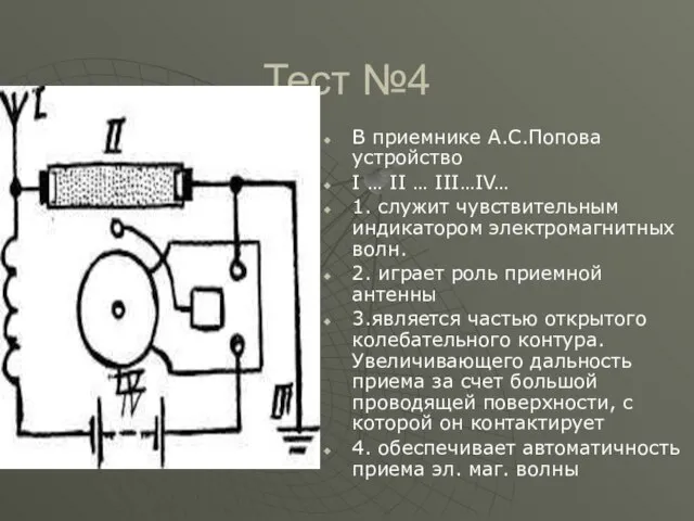 Тест №4 В приемнике А.С.Попова устройство I … II … III…IV… 1.