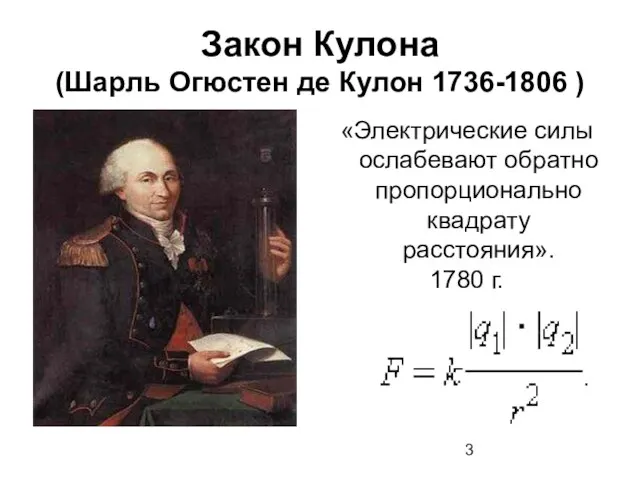 Закон Кулона (Шарль Огюстен де Кулон 1736-1806 ) «Электрические силы ослабевают обратно