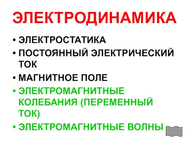 ЭЛЕКТРОДИНАМИКА ЭЛЕКТРОСТАТИКА ПОСТОЯННЫЙ ЭЛЕКТРИЧЕСКИЙ ТОК МАГНИТНОЕ ПОЛЕ ЭЛЕКТРОМАГНИТНЫЕ КОЛЕБАНИЯ (ПЕРЕМЕННЫЙ ТОК) ЭЛЕКТРОМАГНИТНЫЕ ВОЛНЫ