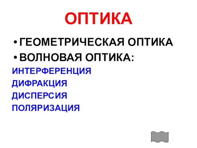 ОПТИКА ГЕОМЕТРИЧЕСКАЯ ОПТИКА ВОЛНОВАЯ ОПТИКА: ИНТЕРФЕРЕНЦИЯ ДИФРАКЦИЯ ДИСПЕРСИЯ ПОЛЯРИЗАЦИЯ