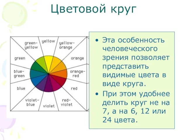 Цветовой круг Эта особенность человеческого зрения позволяет представить видимые цвета в виде