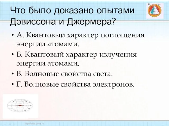 Что было доказано опытами Дэвиссона и Джермера? А. Квантовый характер поглощения энергии