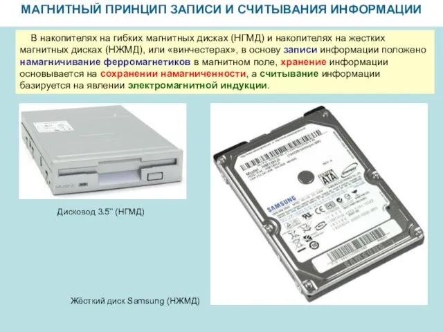 МАГНИТНЫЙ ПРИНЦИП ЗАПИСИ И СЧИТЫВАНИЯ ИНФОРМАЦИИ Дисковод 3.5’’ (НГМД) В накопителях на