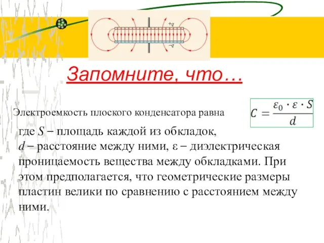 Электроемкость плоского конденсатора равна где S – площадь каждой из обкладок, d