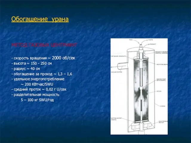 Обогащение урана МЕТОД ГАЗОВЫХ ЦЕНТРИФУГ - скорость вращения ~ 2000 об/сек -