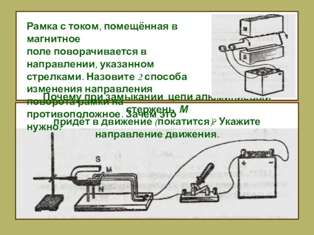 Почему при замыкании цепи алюминиевый стержень М придёт в движение (покатится)? Укажите