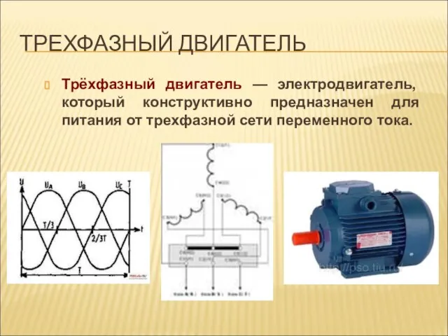 ТРЕХФАЗНЫЙ ДВИГАТЕЛЬ Трёхфазный двигатель — электродвигатель, который конструктивно предназначен для питания от трехфазной сети переменного тока.