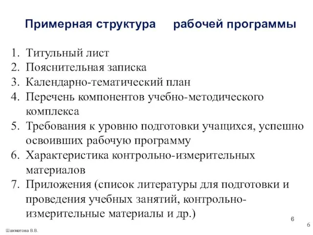 Примерная структура рабочей программы Титульный лист Пояснительная записка Календарно-тематический план Перечень компонентов