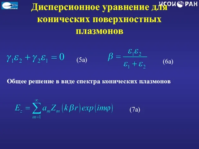 Дисперсионное уравнение для конических поверхностных плазмонов Общее решение в виде спектра конических плазмонов (5a) (6a) (7a)